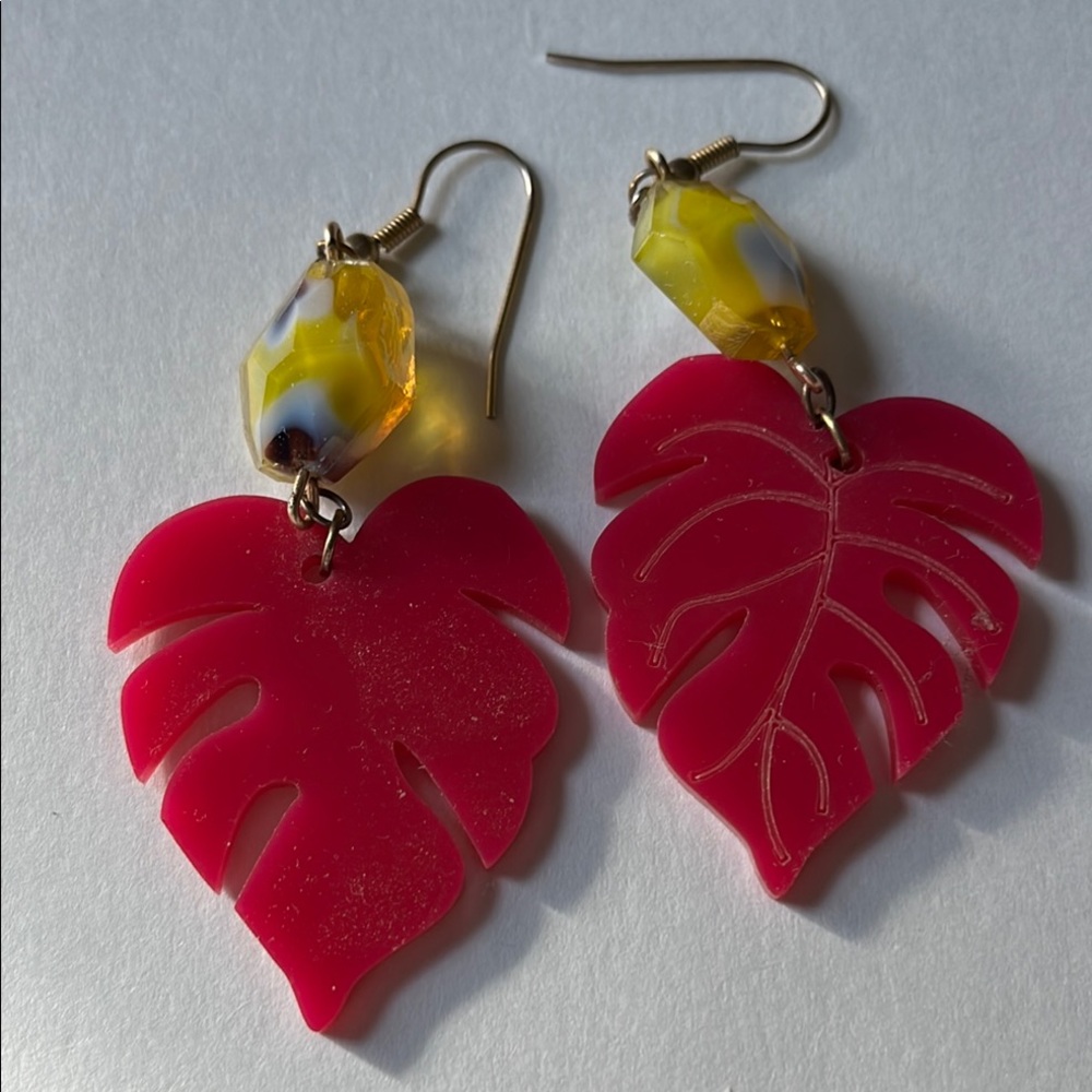 Summer Aloha Luau Pink Monstera Leaf with Yellow Bead Earrings